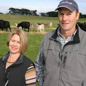 Jacinta and Michael Coffey with their Charolais-Angus cross breeding herd.
