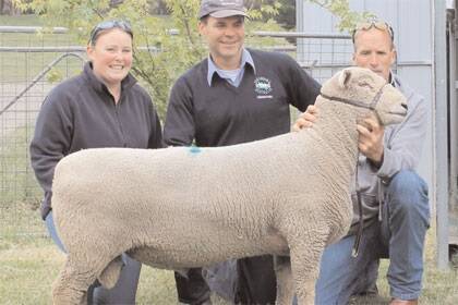 Chandpara Stud principal Andrew Sellars-Jones (centre) sold this Southdown ram at $3100 to Aneika Crosswell and Andrew Hogarth, Kirkdale Southdowns, Evandale, Tasmania.