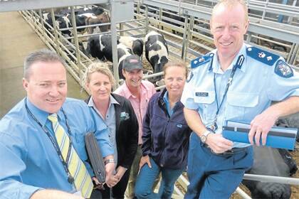 Bendigo Stock Agents president Nigel Starick, Bendigo saleyards manager Kerrie Crawley and DPI animal health officer (north-west) Rebecca Keeley with Detective Sergeant Mick Logan, Bendigo, and Superintendant Rick Nugent, Geelong, who called in at the Bendigo Livestock Exchange on Tuesday to update stakeholders on the new policing unit.
