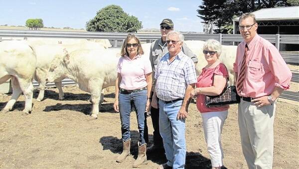 Mt William co-principal Anne Abbott with the buyers of the sale-topping bull – Richard Kirton, Kevin and Faye Whelan of Silverbrae Charolais, Korrumburra. Also pictured is Elders stud stock auctioneer Ross Milne.
