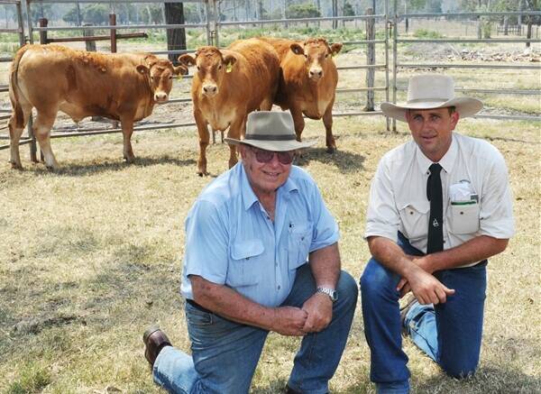 The grand champion pen of grainfed cattle was an outstanding pen of Limousin-cross steers exhibited by Gerry Muckert, Karrabin, he is pictured with David Eagleson, Shepherdson and Boyd, Murgon. The steers sold for 230c to return $1130 bought by the Kilcoy Pastoral Co.