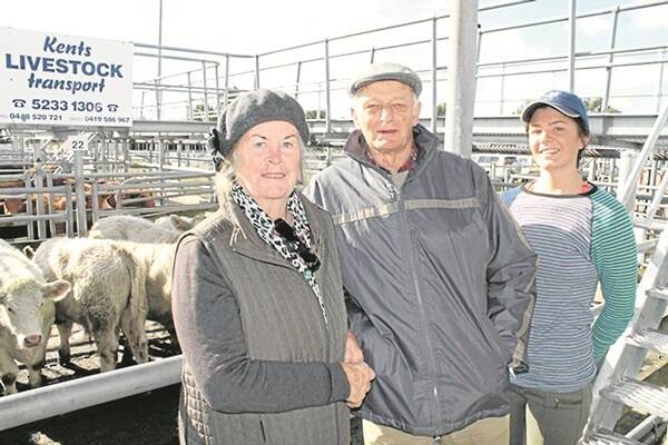 Margaret, Colin and Madelyn Douglas, Blackwoods, Johanna, sold seven Charolais-Angus steers, with Medburn blood, at $645, while their seven lighter steers made $605. Margaret, Colin and Madelyn Douglas, Blackwoods, Johanna, sold seven Charolais-Angus steers, with Medburn blood, at $645, while their seven lighter steers made $605. 