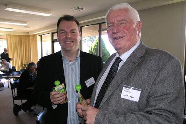Adam Moore (left) and Brian Norwood were speakers at the lunch that saw 30 people examine the prospects for developing food exports from Gippsland.