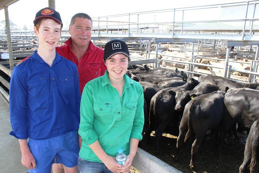 Briar Park, Woodford principal Steve Giblin with Darcy and Annie, who sold 40 Angus steers, February/March 2013 drop to Banquet and Pathfinder bulls, weighing av 366kg sold  to 184c/kg and av 179c/kg. 