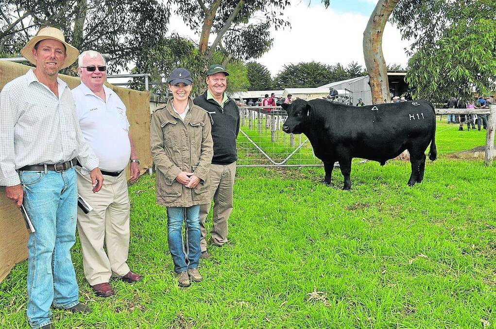 ON THE MONEY: Ben and Samantha Glatz, Glatz’s Black Angus stud, Avenue Range with the $12,000 top-price bull bought by Landmark seedstock auctioneer Kevin Norris, Albury, NSW (second left) for Malcolm and Breda Cash, Dollar Angus, Casterton, Vic, who were unable to be at the sale. Also pictured is Landmark Casterton livestock manager Andrew Harrison (right).