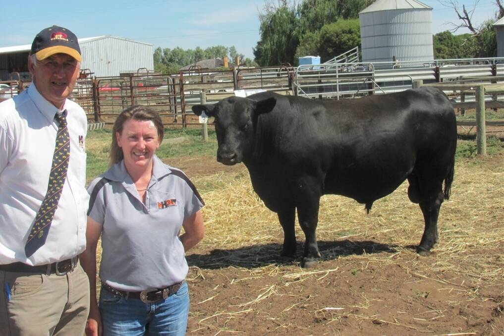 Peter Collins, Merridale, Tennyson, with buyer's representative Kylie Winnell, National Herd Development, Wangaratta, and the $16,000 bull purchased for FB Graham, Tumut, NSW.