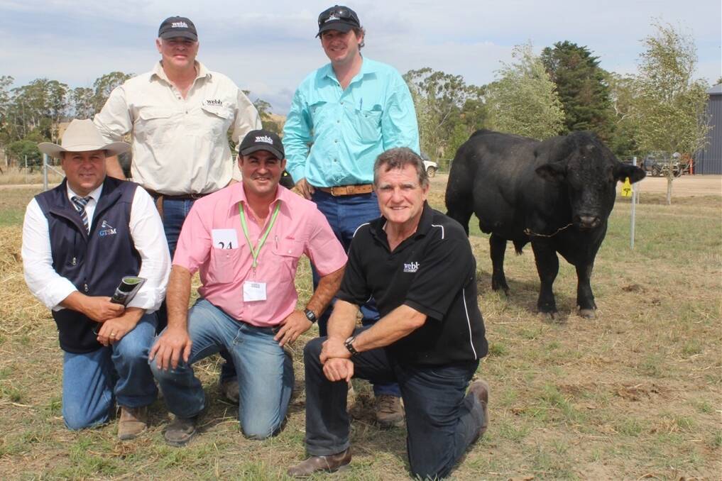 Auctioneer Michael Glasser, Elders livestock agent Carlo Taranto, Webb principal Philip Webb, manager Lynton Harrison and Geoffrey Urquhart with the top priced bull. 