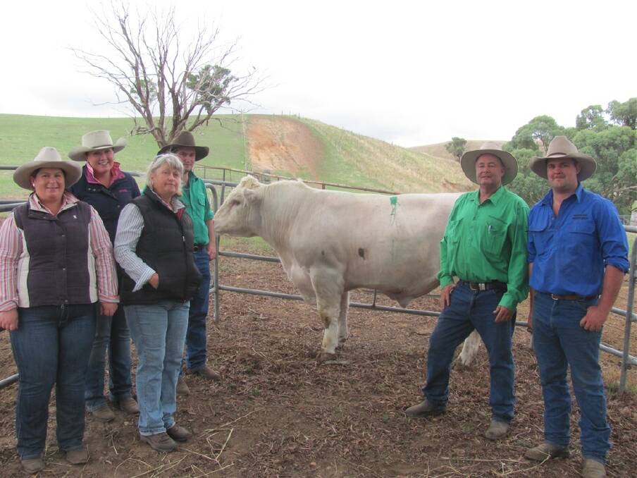 The Rogers family of Amy, Sarah and Julie Rogers and partners Alfred Hacket and Ashley Estcourt with Malton Shorthorns vendor Peter Falls, Finley, NSW.