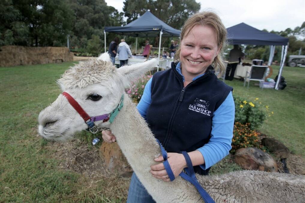 Isabel Renters, from the MDLXXX stud and 1580 Farmshop at Ecklin South, cuddles one of her animals during the week-long Australian Alpaca Week expo. 