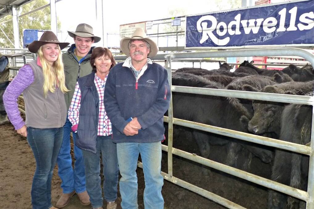 Bruce and Debbie McCormack, Merrijig, were all smiles after the sale of their 54 Angus steers at Rodwells’ annual spring drop weaner sale at Yea on Friday. Accompanying them was Ash Jenkins (left) and Luke Jurrjens, who are doing a school-based agriculture apprenticeship with the McCormack’s through Mansfield Secondary College. Bruce and Debbie were pleased with the results.