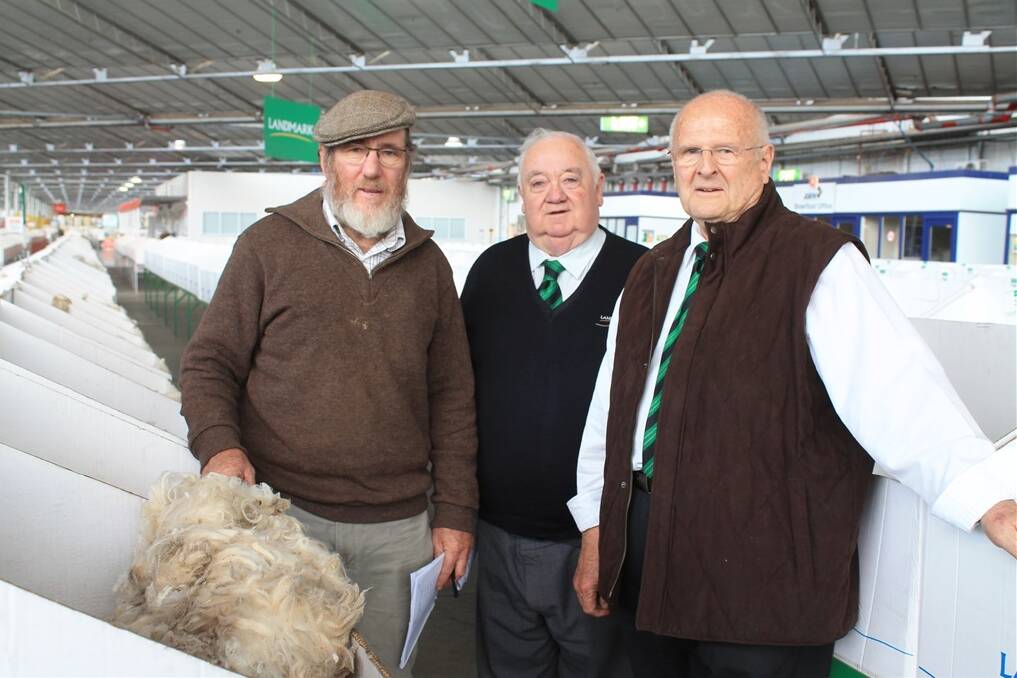 John Kingston, Wal Wal, with his wool broker Don Murphy, Landmark Stawell and sheep classer David Morgan, Landmark Geelong.