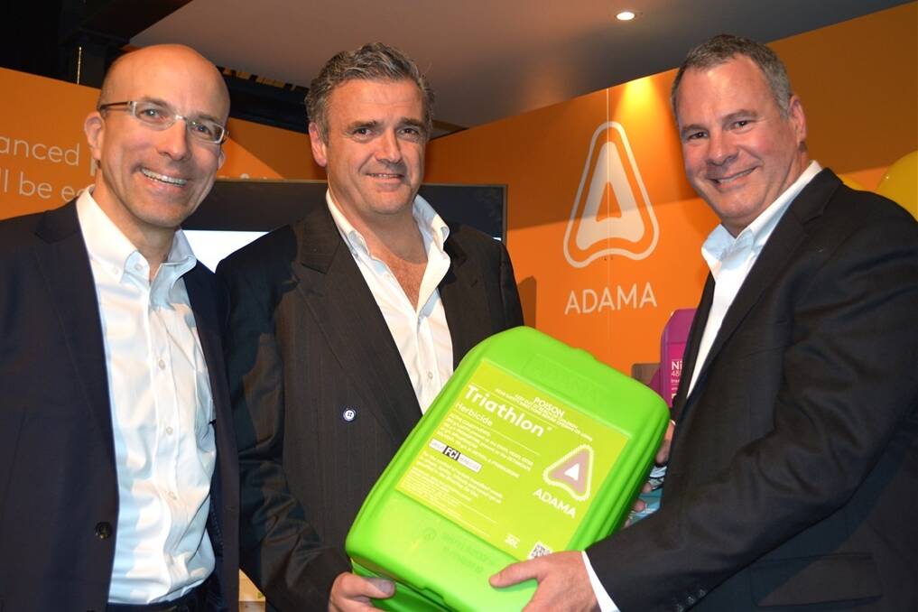 Adama global president and chief executive officer, Chen Lichtenstein with Australian managing director, David Peters and sales general manager Darrin Hines at the launch of the company's new name and product initiatives in Australia.