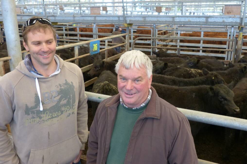 Trevor Hulls (right) and son Michael, Leongatha South, are regular sellers at Leongatha. Last Thursday, they sold 40 Angus steers to $760, averaging $722. 