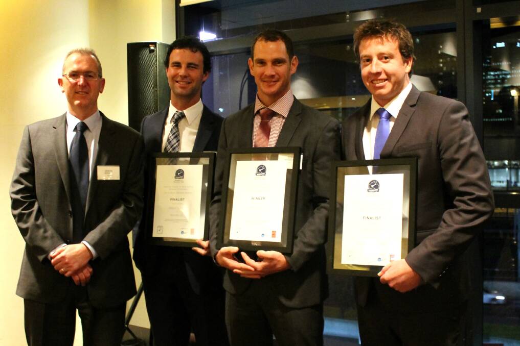 Elders’ national wool selling manager and incoming executive director of the National Council of Wool Selling Brokers Australia, Simon Hogan, with the three Broker of the Year finalists Brent Flood, Rodwells Horsham; eventual winner Rex Bennet, Elders Wangaratta; and Lachlan Sutton, Elders Broken Hill, NSW.