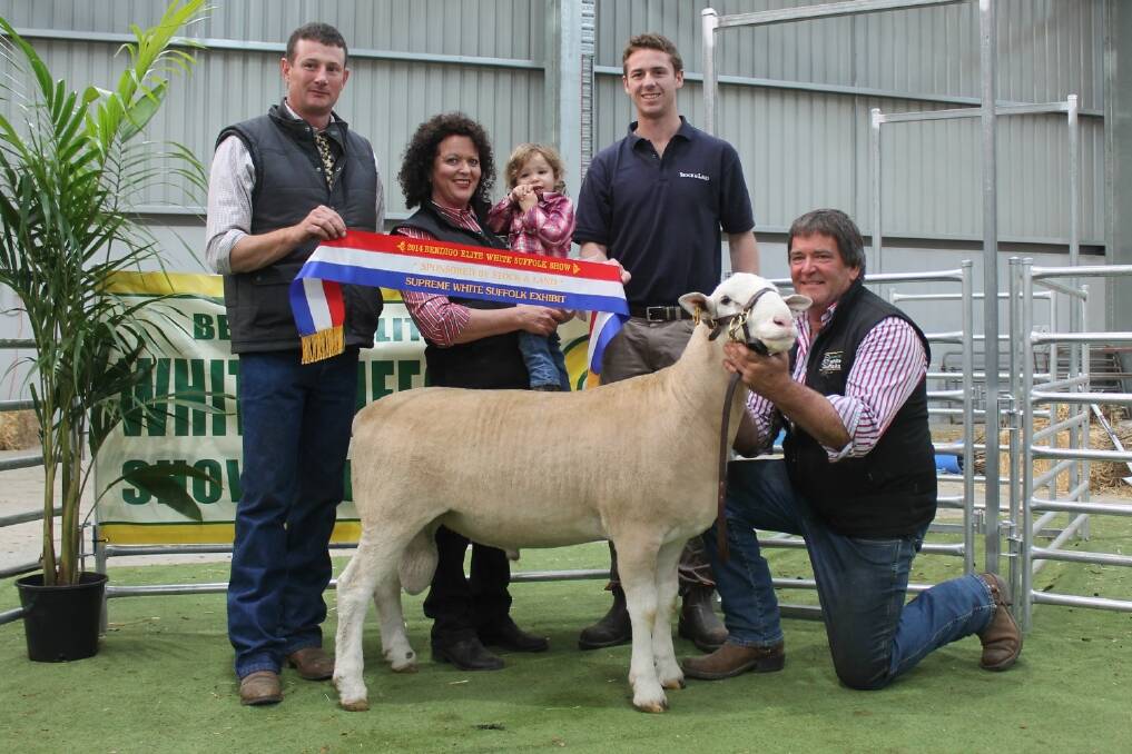 From left judge Anthony Hurst, Pam Kyle with two-year-old Raiven Cole, Stock & Land's Tyson Cattle and Ian Kyle holding the supreme White Suffolk exhibit - a Ashley Park one-year-old ram.