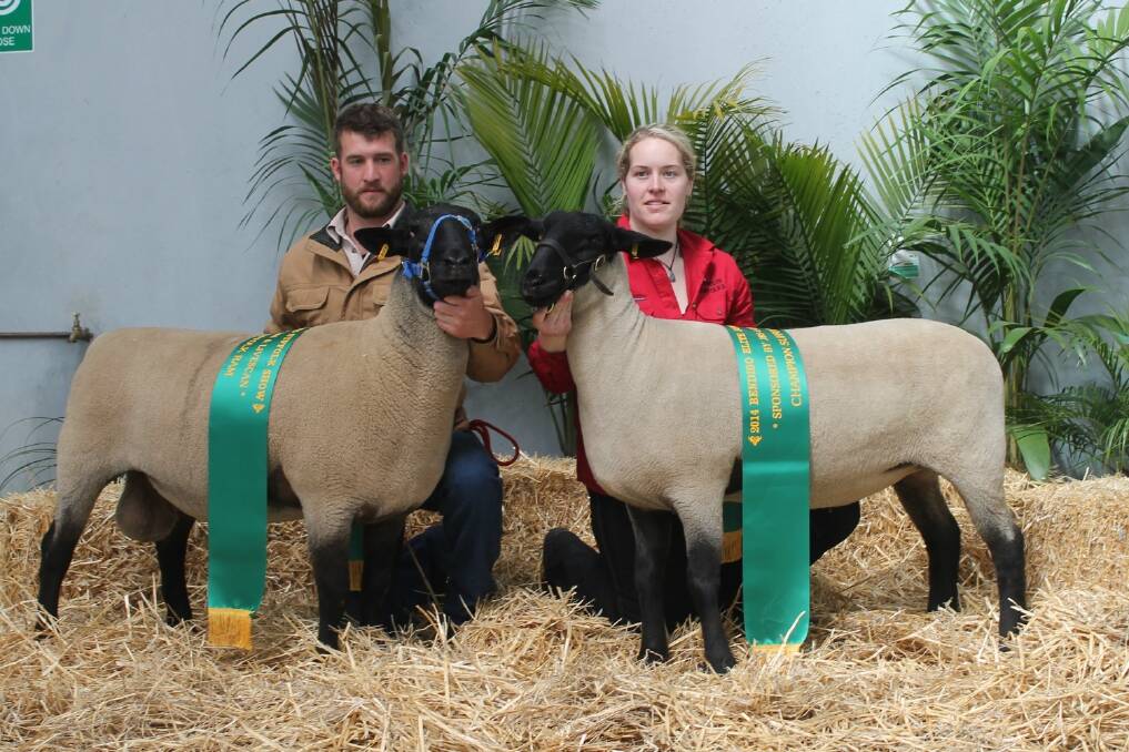 Brayden Gilmore with Baringa' champion Suffolk ram and Rebecca Deppeler with her family's champion ewe.