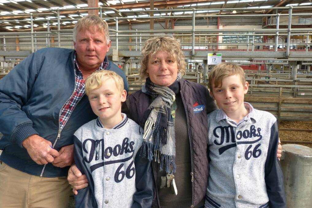 The Marshall family of Garry, Rossann, James (front) and Lachlan attended the Pakenham store cattle sale to see their 140 Angus (Paringa and Lawsons-blood) and Hereford (Mawarra and South Boorook-blds) steers sell. Gary was very happy with the results, selling their young steers from $500 to $710 for steers weighing 300 kilograms liveweight, average $670.