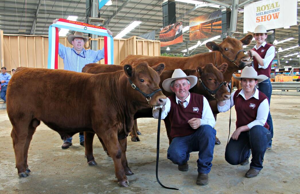  The Bolton Girls, Congupna, will aim to continue their stellar show year with their champion Red Angus cattle, after success at the recent Royal Melbourne Show. Pictured co-owner Tom Wilding-Davies, WD Cattle, Holbrook, NSW, David Bolton, Hannah Bird and Aimee Bolton.