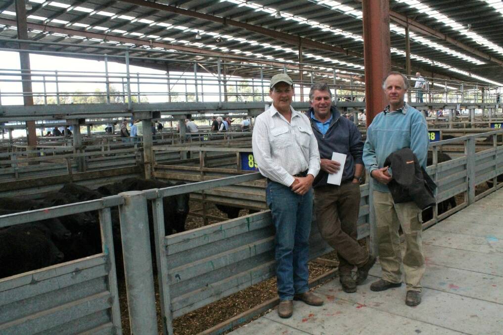 From left: Ian Pearse, Gruyere, bought 29 Angus heifers, Lawson and Anvil bloods, from neighbour Chris Etheridge, Yarrawalla Vineyards, Gruyere, for $500 to $520 a head. A fellow neighbour David de Pury, Yerinberg, Gruyere, came to have a look and support his friends.
