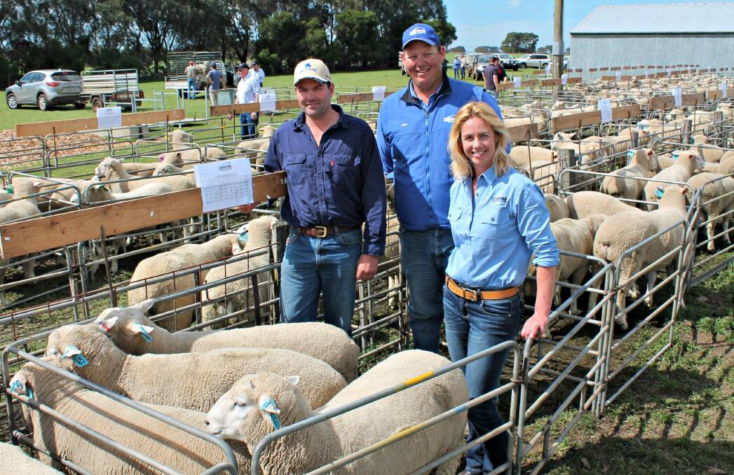 Craig Grant, Pidgeon Ponds, purchased seven rams, including two Southies, to a high of $2500, and av $1700, pictured with livestock manager John Ford and Chrome's Tanya Tonissen.