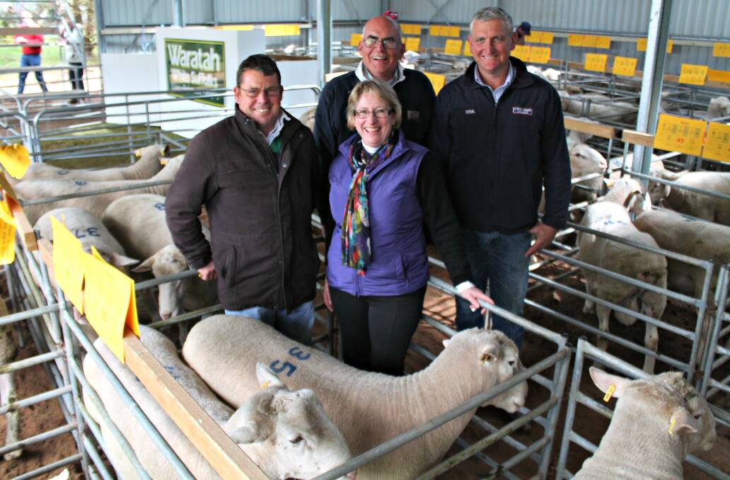 Volume buyer Phillip Gough, Salamanca Pastoral, Hotspur purchased 16 rams to $1200, and av $856. Pictured with Waratah principals Steve and Debbie Milne, and LMB Linke auctioneer Bernie Grant.