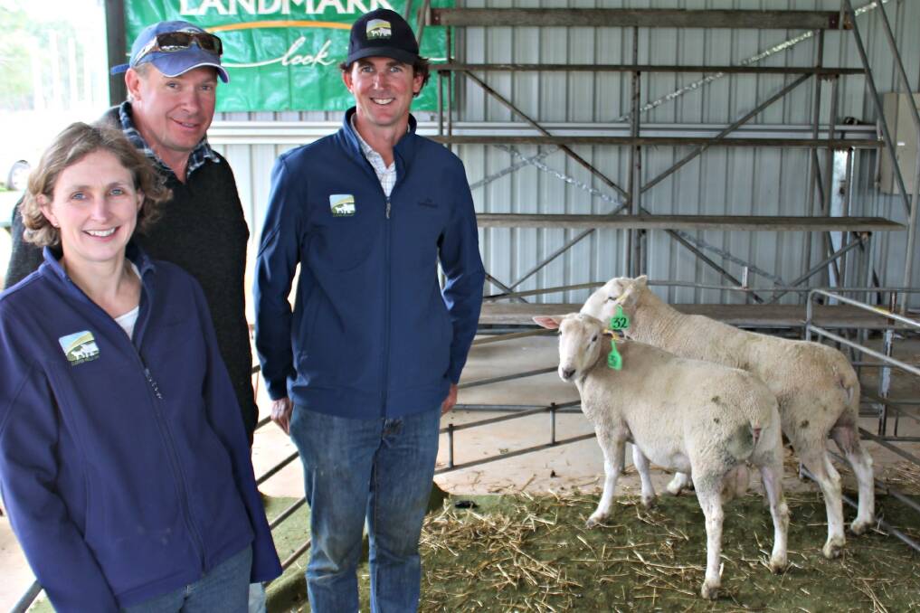 Cloven Hills principals Kate and Chris Dorahy with Phil Rees (centre), Erindale, Balmoral, who purchased six rams to $1200, av $1083, at the inaugural sale held at Casterton.