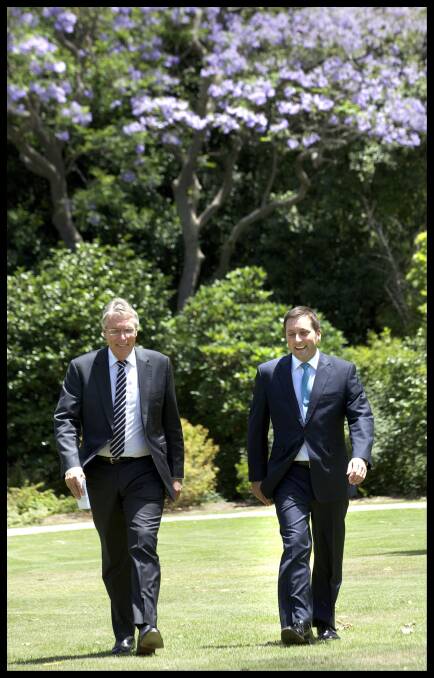 Deputy Opposition Leader and Opposition Leader Matthew Guy (right) announce their new cabinet at Parliament House. Photo: Simon O'Dwyer.