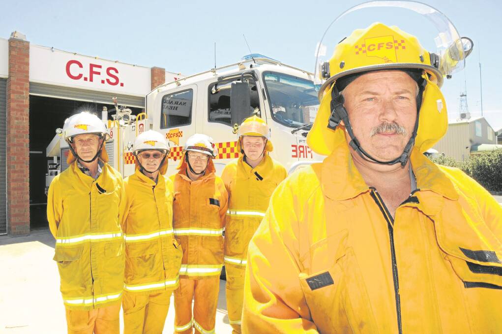 LINE OF DUTY: Naracoorte CFS Brigade captain Shane Smith (front) with firefighters Andy Bartosek, Graham Dickson, Malcolm Johnston and Grant Sambell. Brigades in the South East, particularly around Wattle Range and Mount Gambier, have received plenty of enquiries from potential firefighters.
