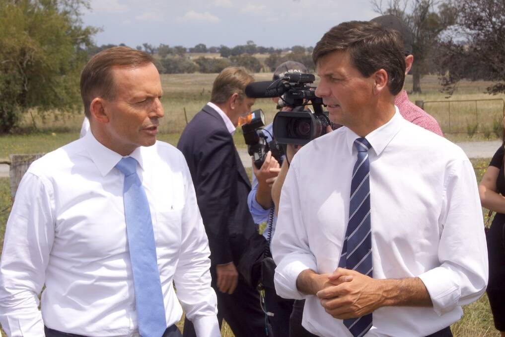 Prime Minister Tony Abbott with Hume MP Angus Taylor on the Hodgkinson farm, “Vale View”, Murrumbateman, NSW.
