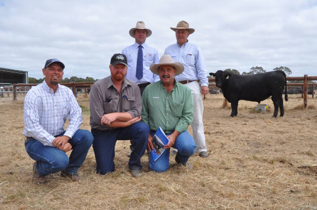 Stoney Point stud principals John Gommers and Perry Gunner(standing on right) with the buyers of the $9500 top priced bull Aaron Woods, Kangaringa Station, Keith and Landmark Keith manager Noel Evans. Also pictured is (standing left) Spence Dix & Co director Jonathan Spence. Kangaringa bought five bulls for a $4900 average.
