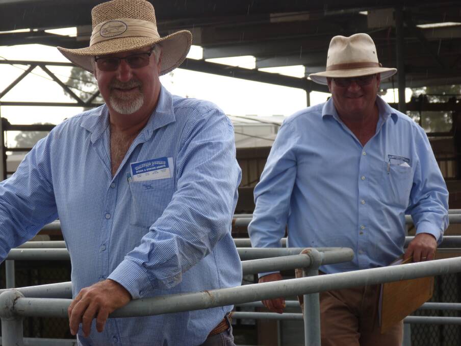 Ballarat agents Barclay Dowling and John McKinnon, both of Crawford Dowling, on the rails at today's sale.