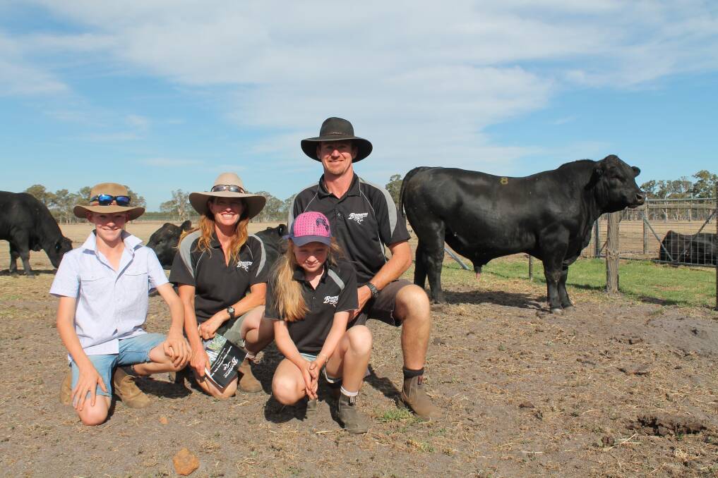 Tom, Jodie, Claire and Shane Foster with Boonaroo Jolimont J141, son of Anvil Forever F029 and out of Boonaroo Maria, who was bought by Anvil Angus for the sale top of $15,000.