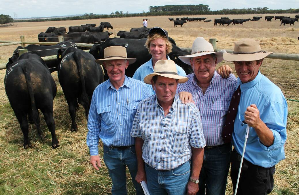 Shane Jeliff, Harry Moyle, Ross Davies, Neville Colville and Nick Moyle at Pathfinder's Victoria sale. Benalla based Shane and Ross purchased four bulls and targeted calving ease traits. 