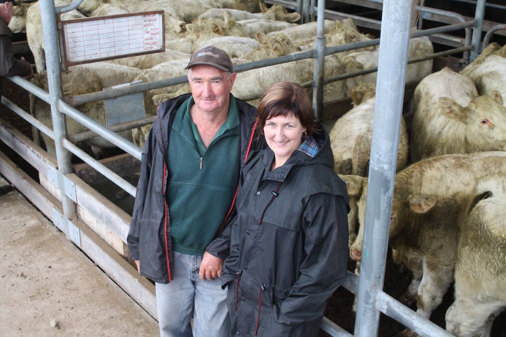 Woodrowvale Pastoral Co manager Herb Armistead and farmer owner Kylie Stewart with their top-priced Charolais steers at $1170 at Colac today.
