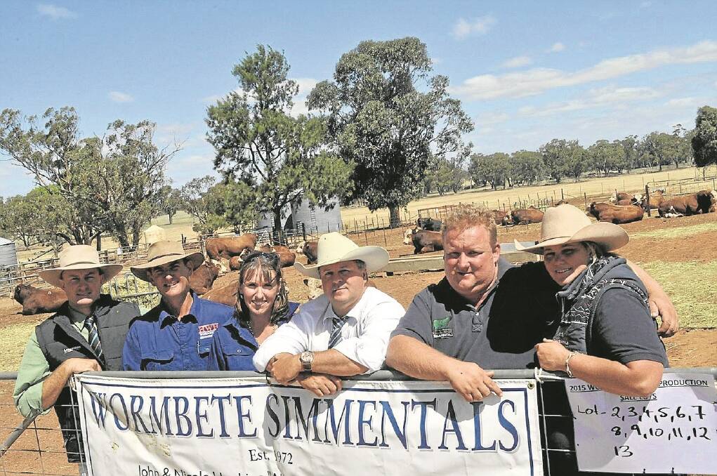 Landmark agent James Croker (left), Wagga Wagga, with Wormbete Simmental principals John and Nicole Hopkins, Illabo, auctioneer Michael Glasser, GTSM, Wodonga, and guest vendors Stuart Moeck and Samatha Gibson, Valley Creek Simmentals, Schofields, who sold the top priced bull for $20,000.