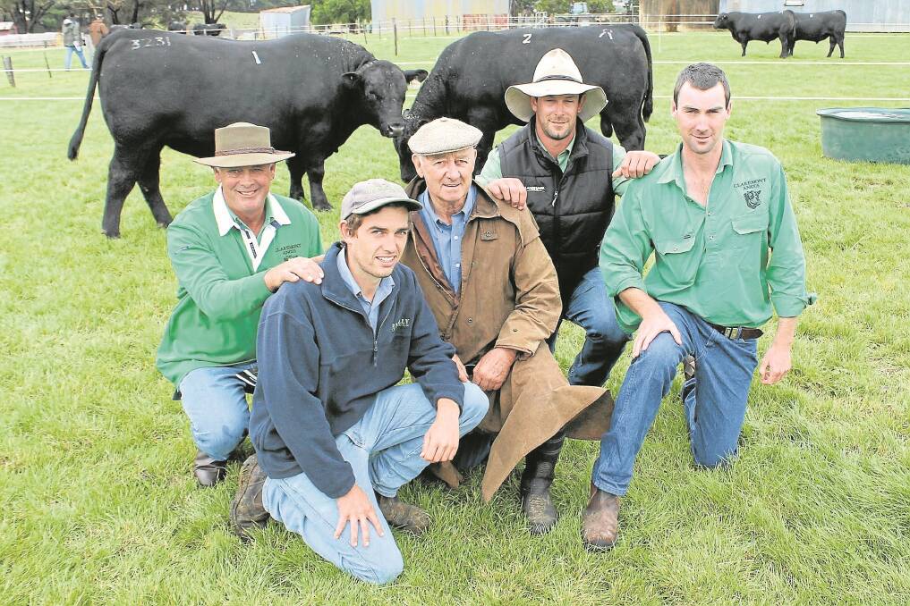 Claremont Angus principal Graeme Glasgow, JJ Kelly agent Tom Kelly, Brian Smith, Yambuk, Landmark agent Justin Nowell and James Glasgow with the top-priced bull, Claremont Blacks J3231, which was sold at $7500.