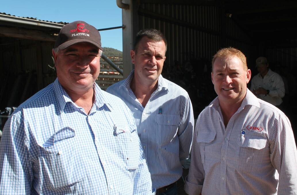 JBS Australia Wagyu livestock manager Jason Carswell with livestock buyers Peter Steer and Neil Flanagan at the Wagyu Performance field day.