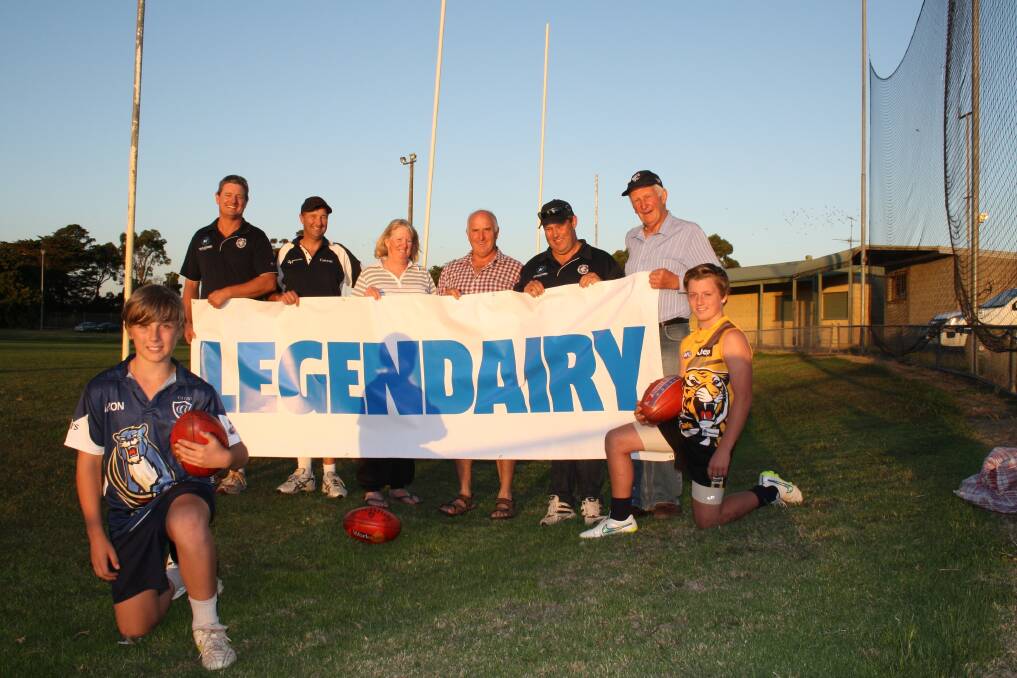 : The lifeblood of Catani Football Club has long been Legendairy farmers like (standing from left) Grant Williams, Ross Kortholt, June Gillan, Rob Peacock, Adrian Drooger and Col Hobson with junior players Geordie Wells and Brandon Dalli.