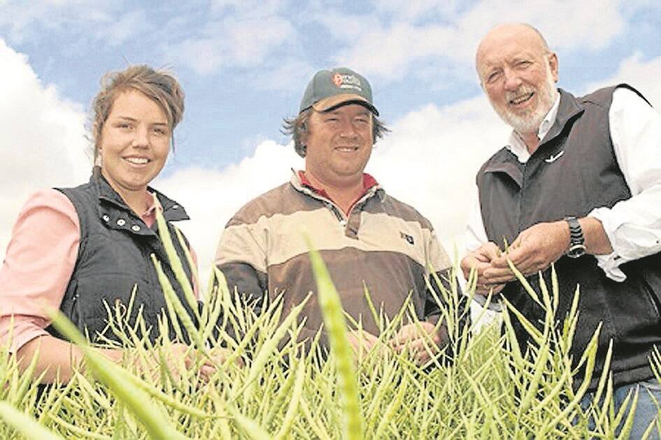 Casterton and District Young Farmers committee member Bridie Tierney says the re-establishment of the group after a 30-year break could help boost production through team motivation and social support of young people. She is pictured with Elders Mortlake’s Will Lynch, Woorndoo, Mortlake, and Rob Christie, Nuseed.
