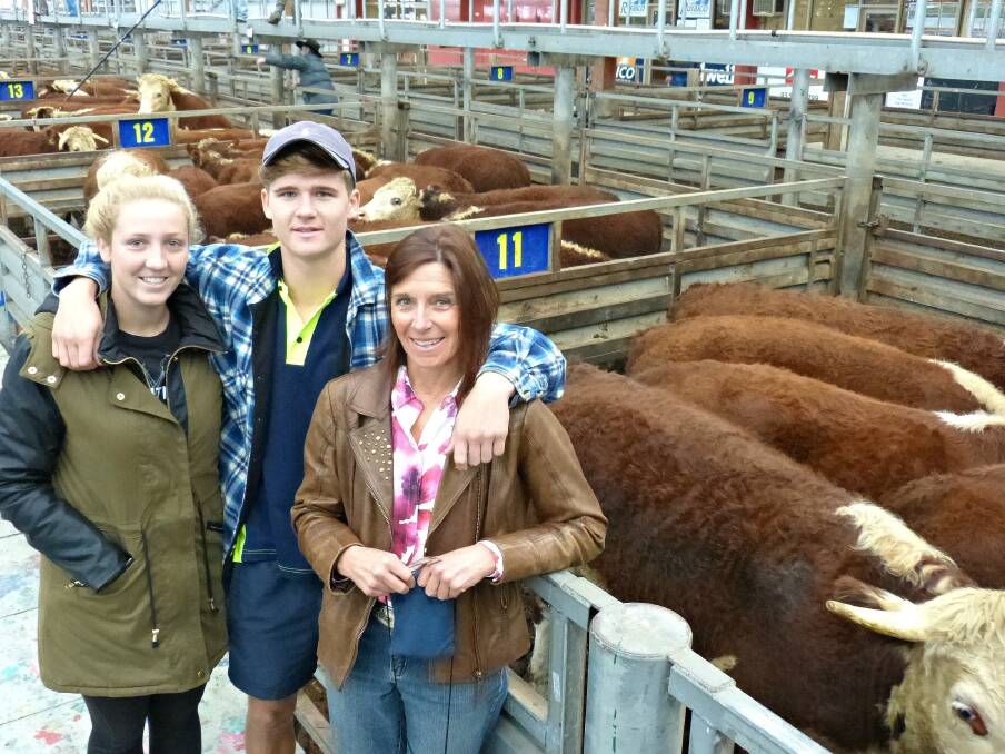 This line of yearling Hereford steers was one of the standout lines offered at Pakenham. Sally Land was surrounded by son, Danny, and daughter Lucy, after their sale of 50 steers. These Hereford steers were well grown for their age, quiet, and in good condition. Offered in four drafts, the first two pens sold for $1130, the others from $860-$960. Sally was pleased with their sale.