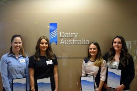 The 2015 Dairy Australia Manufacturing scholarship graduates Alexandra Kury (left), Ailsa Rajasingham, Claire Walpole and Kate McMaster.