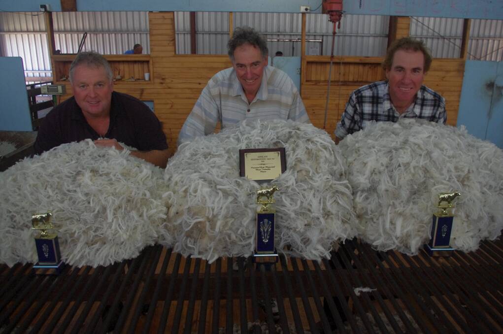 Garry Davidson (3rd), Russell Bennett (1st) and Trevor Bennett (2nd) shared the podium at the annual Gippsland Sheep Breeders wether production trial. Russell Bennett, Everton Upper, will compete again on home soil later this month, at the Ovens Valley wether production trial on May 26.