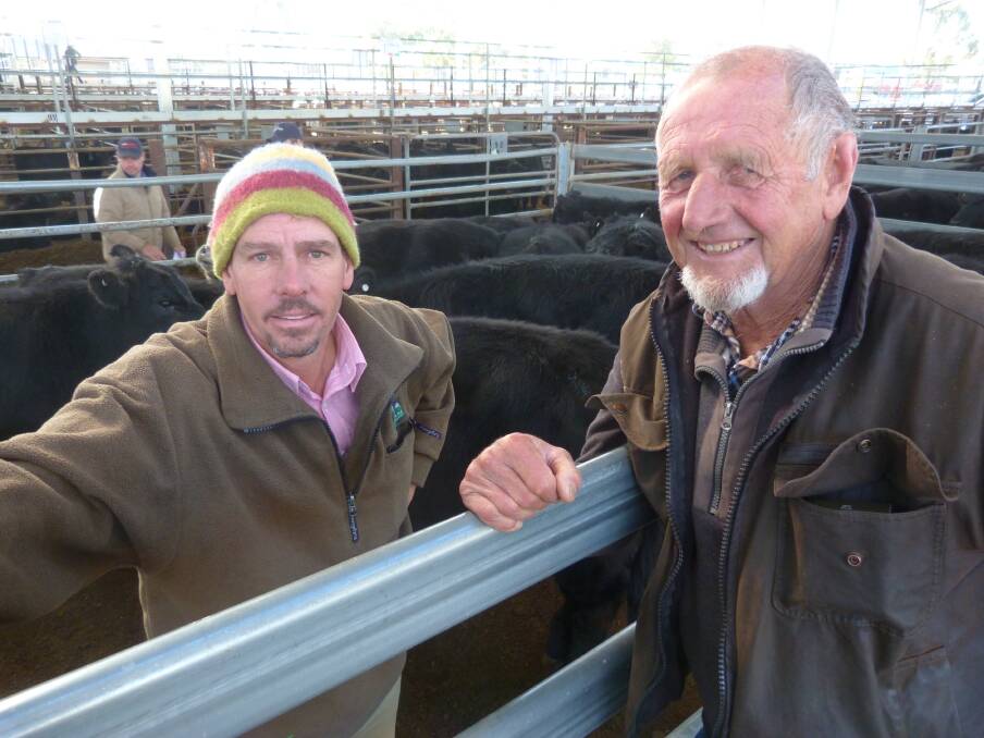 Rob Hocking, Elders, Cobram and Barry Koch of Strathmerton sold the annual draft of Alan Demmery's Angus weaners from Barooga at Euroa.