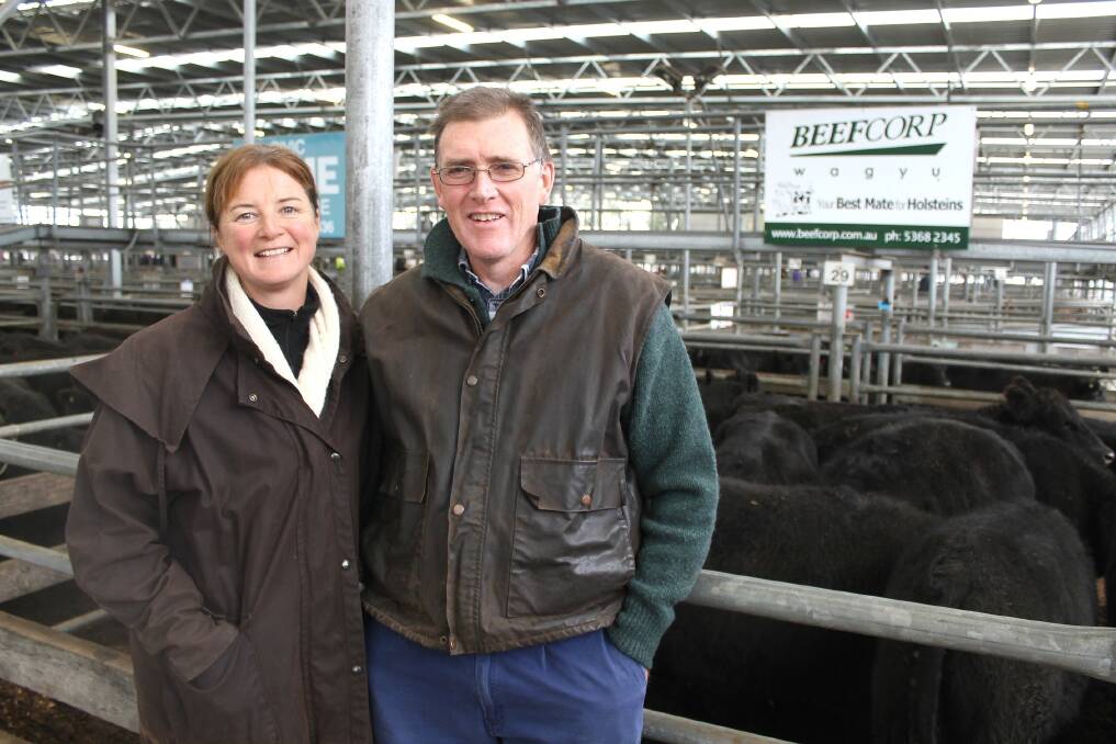 Trudy and Tony Robertson, Gellibrand, were on deck at Colac to see their 32 head sold. The farmers grow out beef cattle as a side business to their 200-head dairy farm. Their steers topped at $1080 or 274c/kg, while their heifers topped at $780. "It's about time the beef job made some money," Mr Robertson said.
