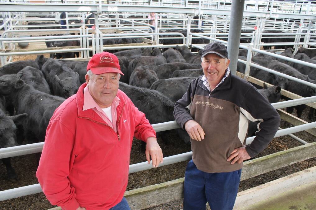 Barry Oddy, Elders, with his client Kelvin Cain, Laanecoorie, who sold 101 Angus steers and heifers to $1040 or 318c/kg.