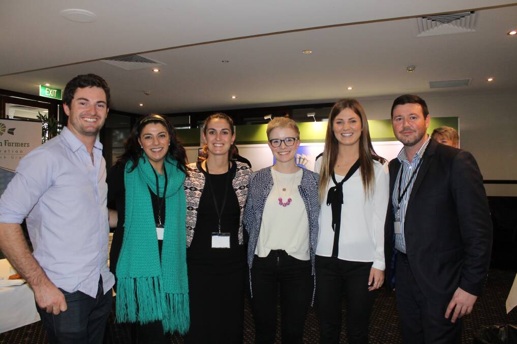 Alister Knight (left), Bagshot sheep and cropping farmer, Sarah Chahine, Australian Dairy Farmers (ADF), Adele Beasley, United Dairyfarmers of Victoria, Shone McPherson, ADF, Ashlee Hammond, VFF Livestock Group and Nathan Carkeek, ANZ Agribusiness Shepparton.