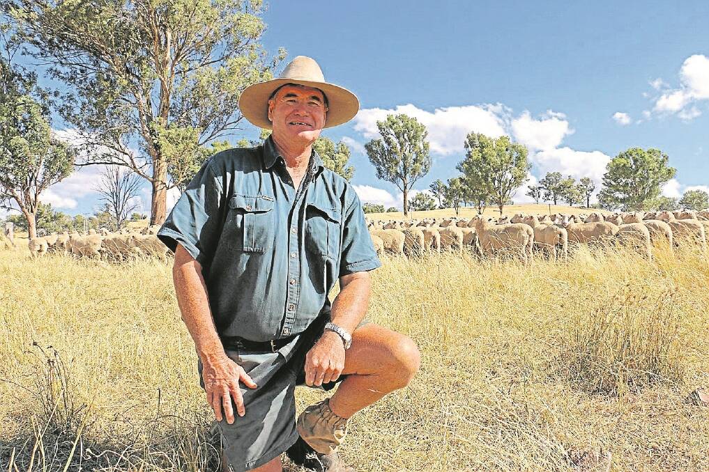Clive Pearson with 2.5 to 3.5 year-old Border Leicester-Merino ewes being joined to White Suffolk rams on his property at Boorolong, NSW.