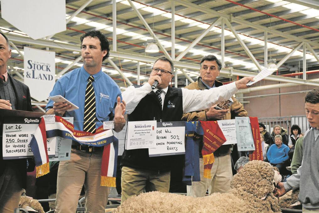 Brent Flood (left), Rodwells, Michael Glasser, GTSM and vendor Chris Clonan, Alfoxton, Armidale, NSW, during the sale of the second top-priced ram.