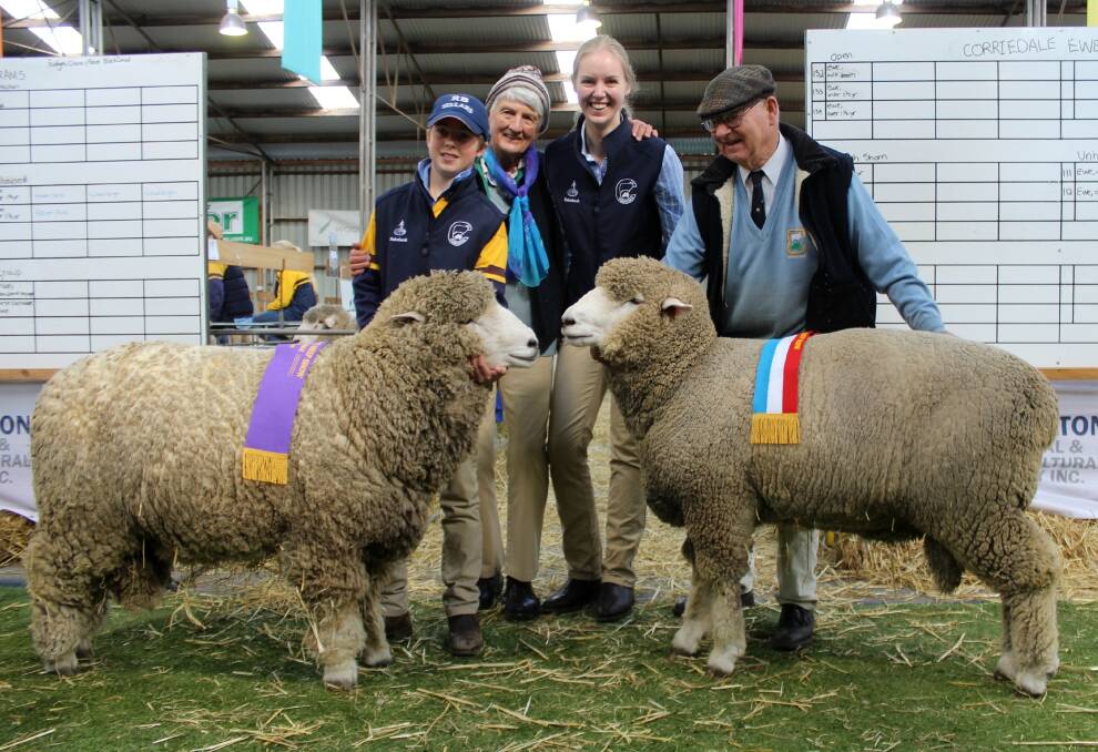Henry Dickinson, Brenda Venters, Grace Calder and Jim Venters with Liberton Corriedales supreme champion Corriedale ram and junior champion ram. The senior ram (pictured left) went on to win the supreme interbreed long wool ram title.