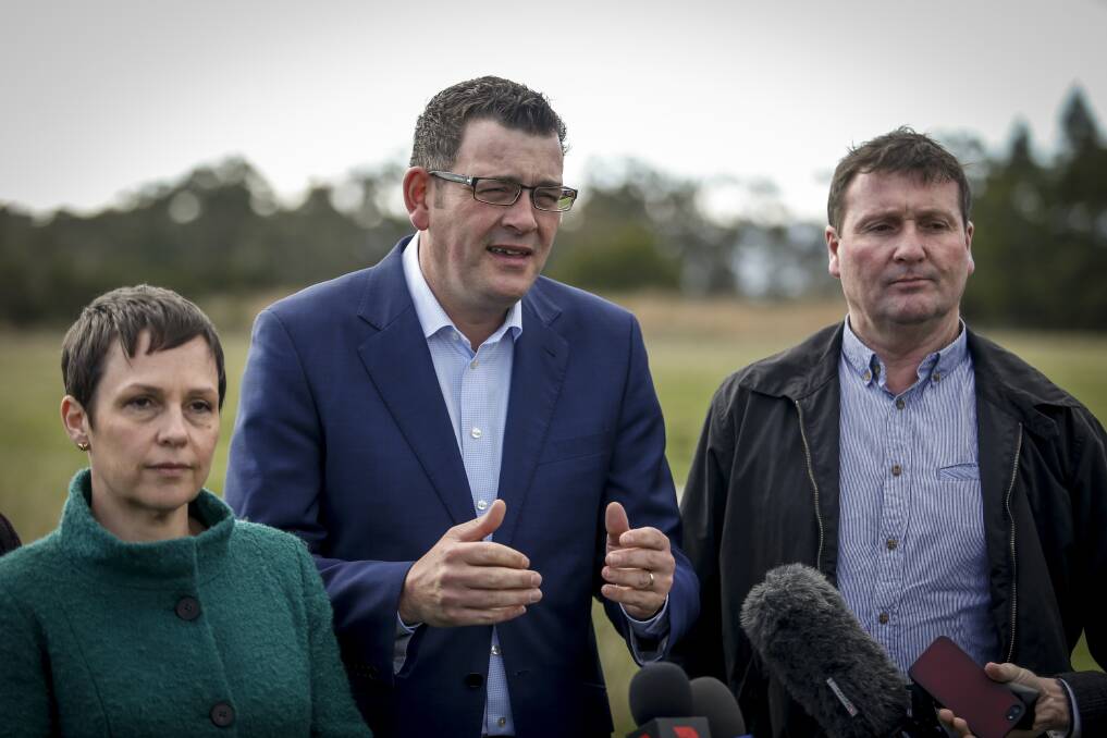 Agricutlure Minister Jaala Pulford, Premier Daniel Andrews and VFF president Peter Touhey